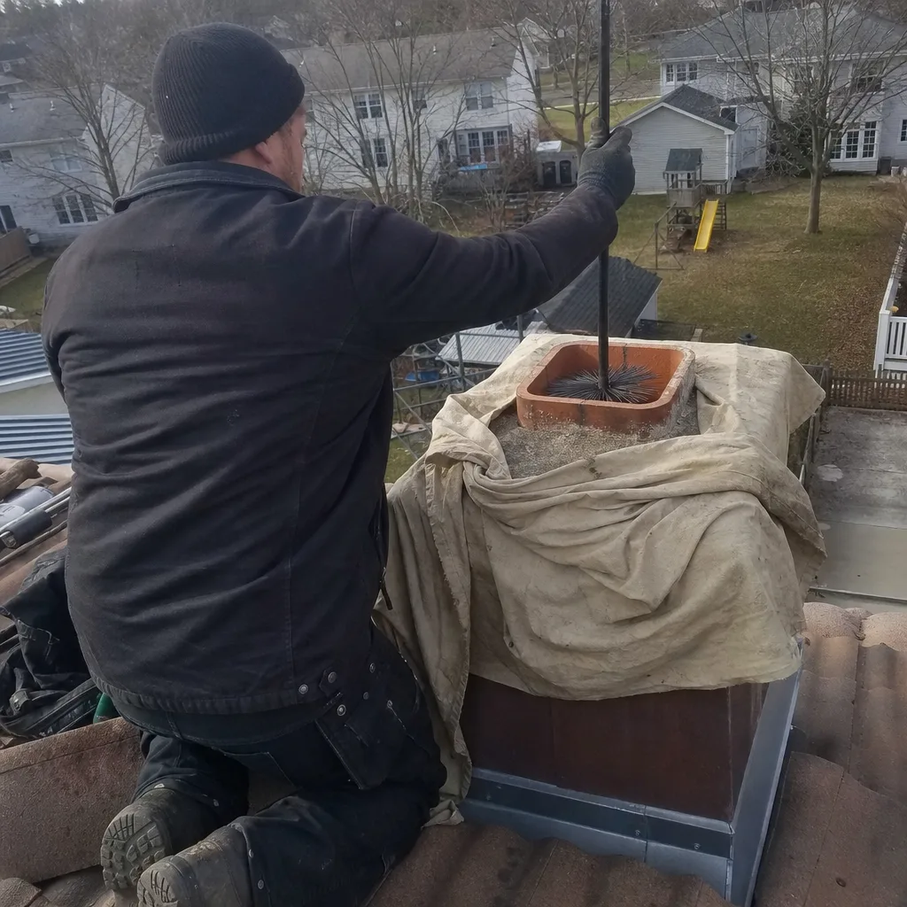 Professional chimney sweep cleaning a brick chimney flue from a roof