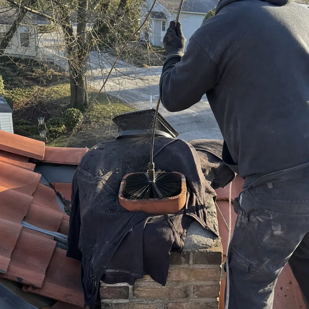 Professional chimney sweep cleaning a chimney flue on a rooftop