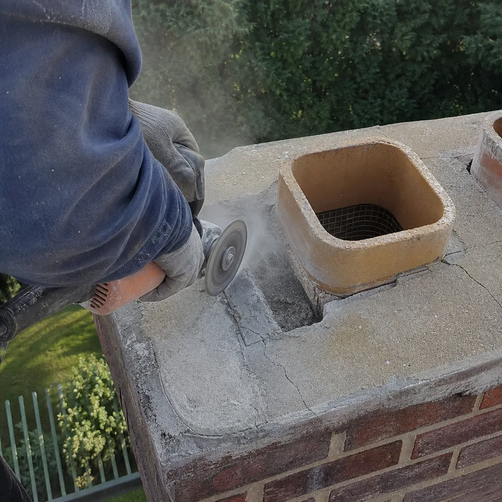 Professional technician repairing a brick chimney crown with an angle grinder