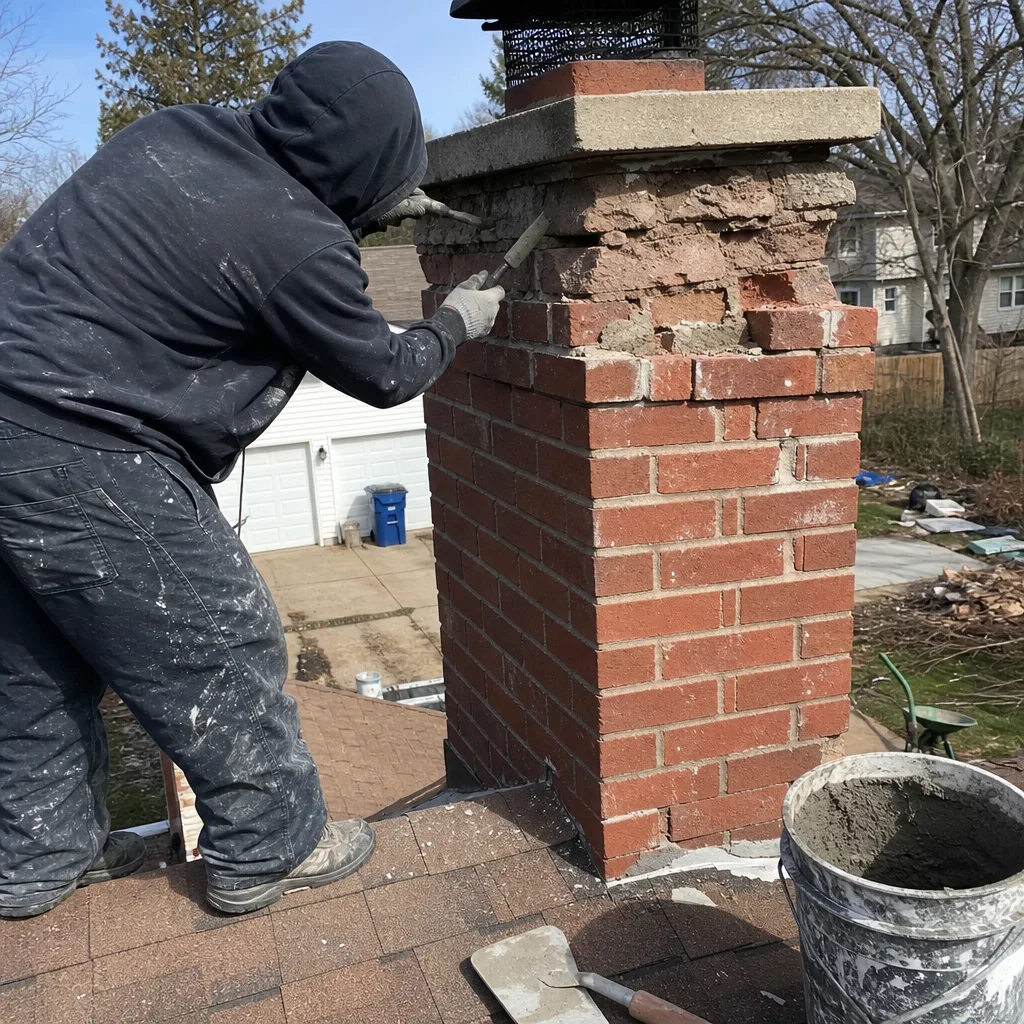 Professional mason performing chimney masonry repair on a residential rooftop