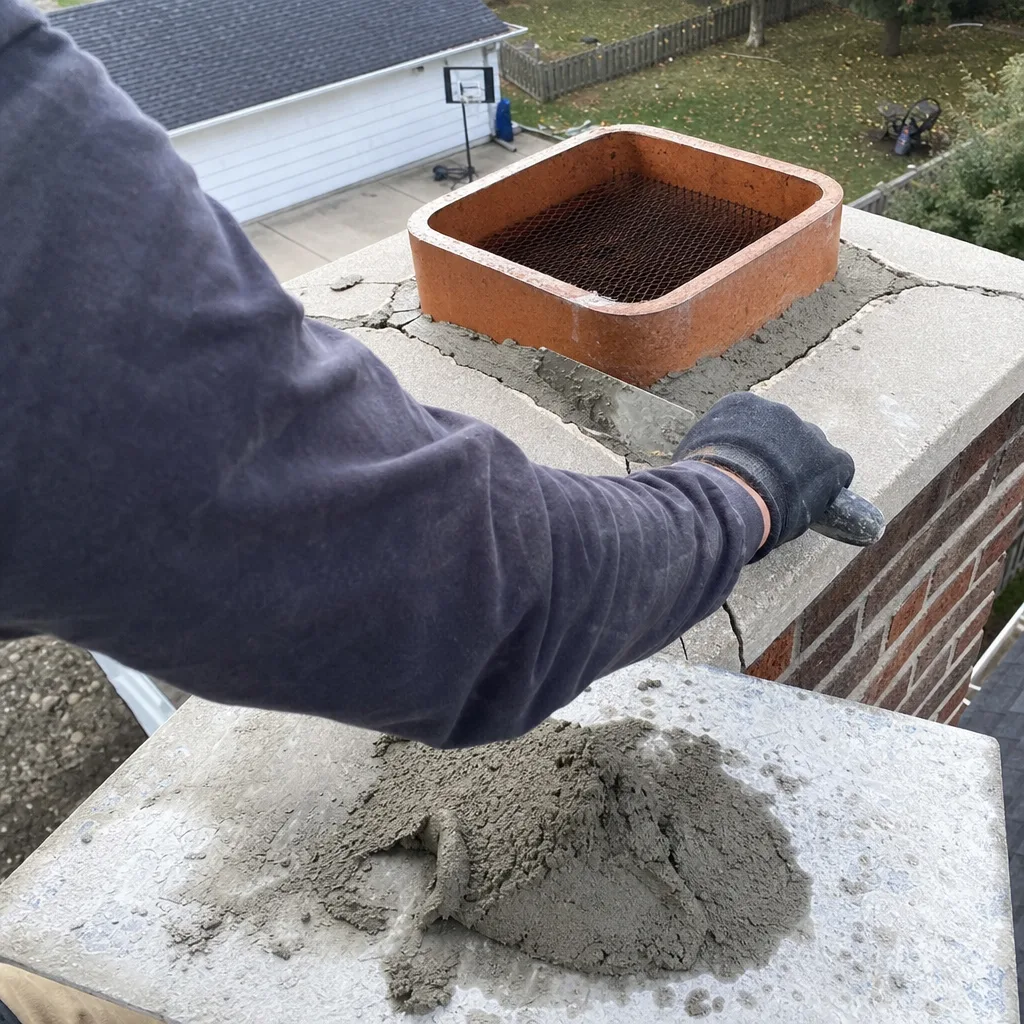 Professional technician repairing a damaged chimney crown with mortar.