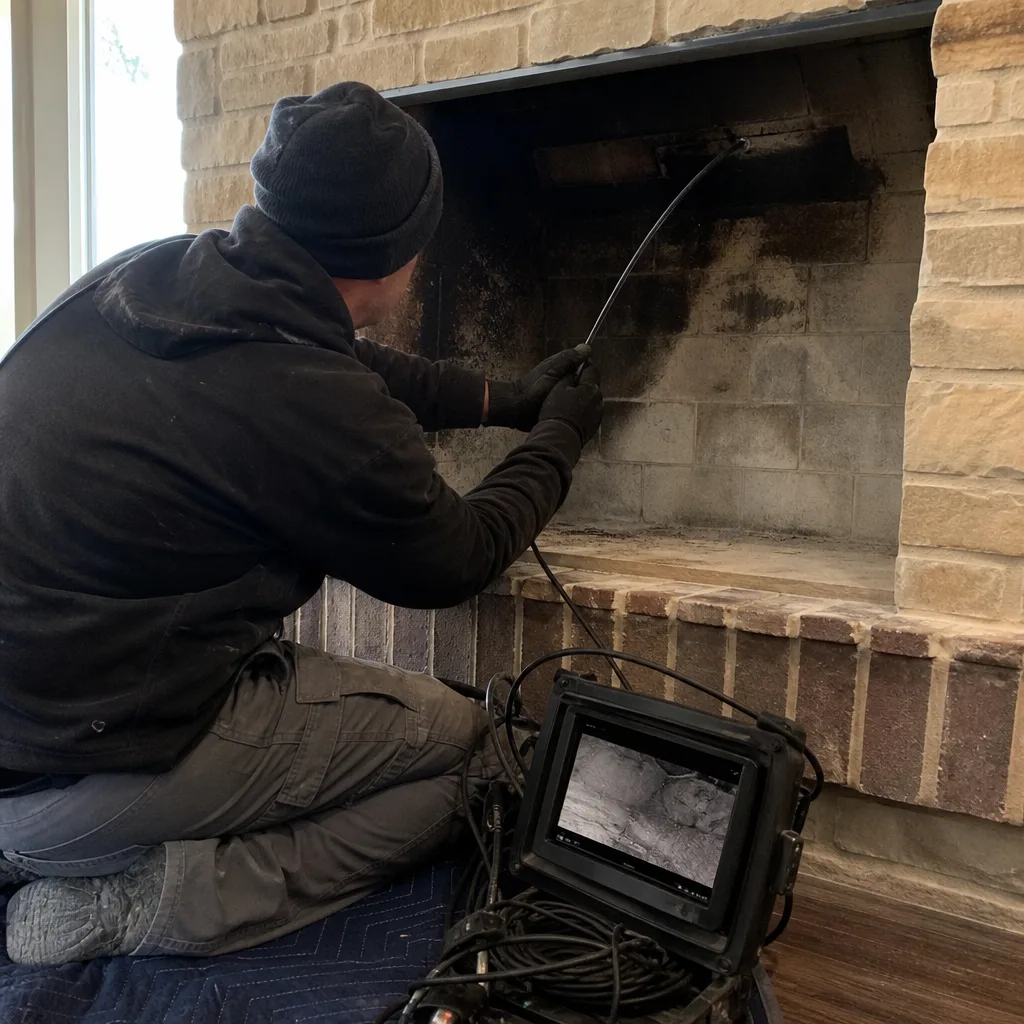 Chimney technician performing a professional fireplace inspection using a video camera